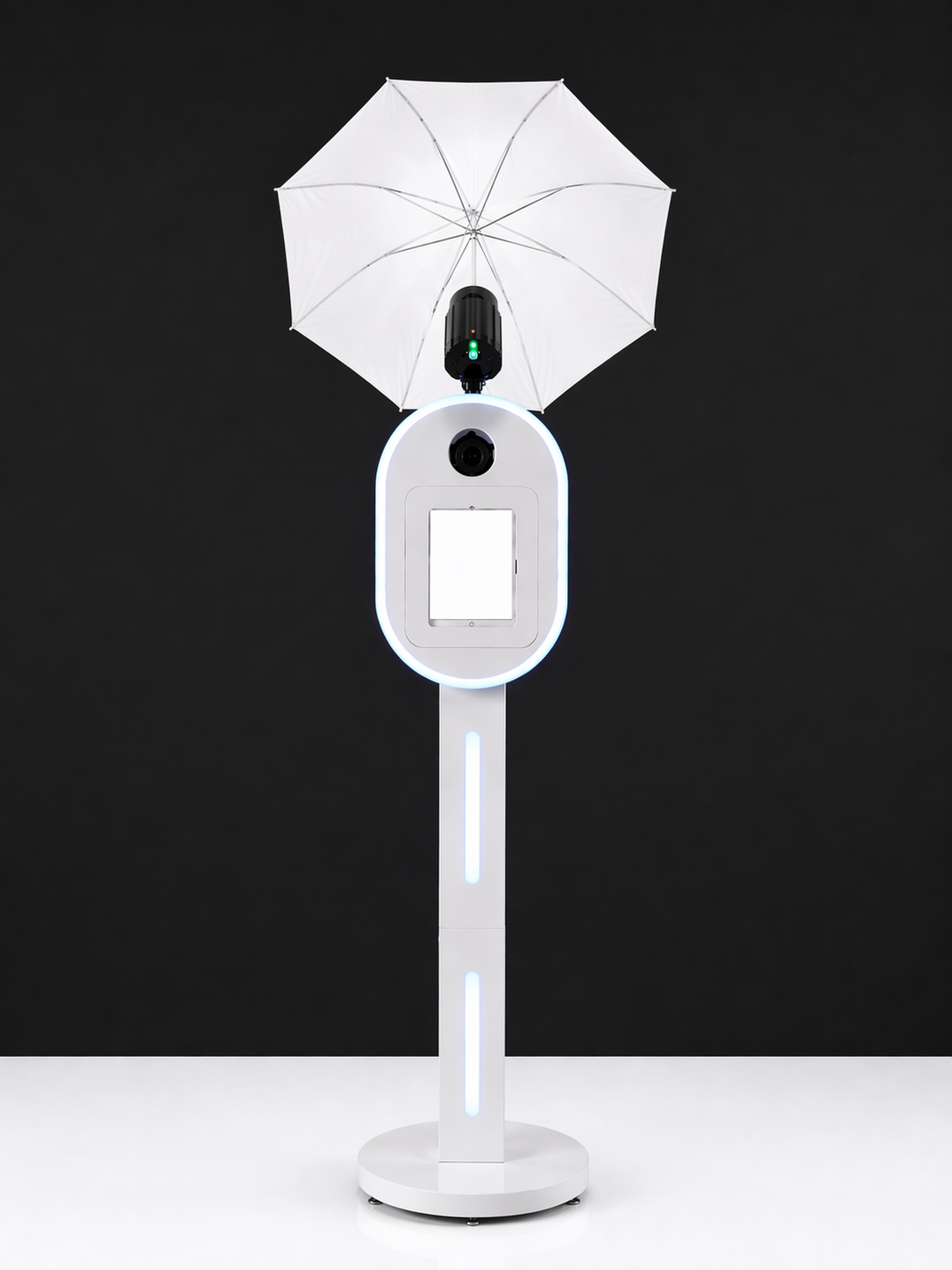 The Grand PhotoBooths signature open-air booth with ring light and softbox